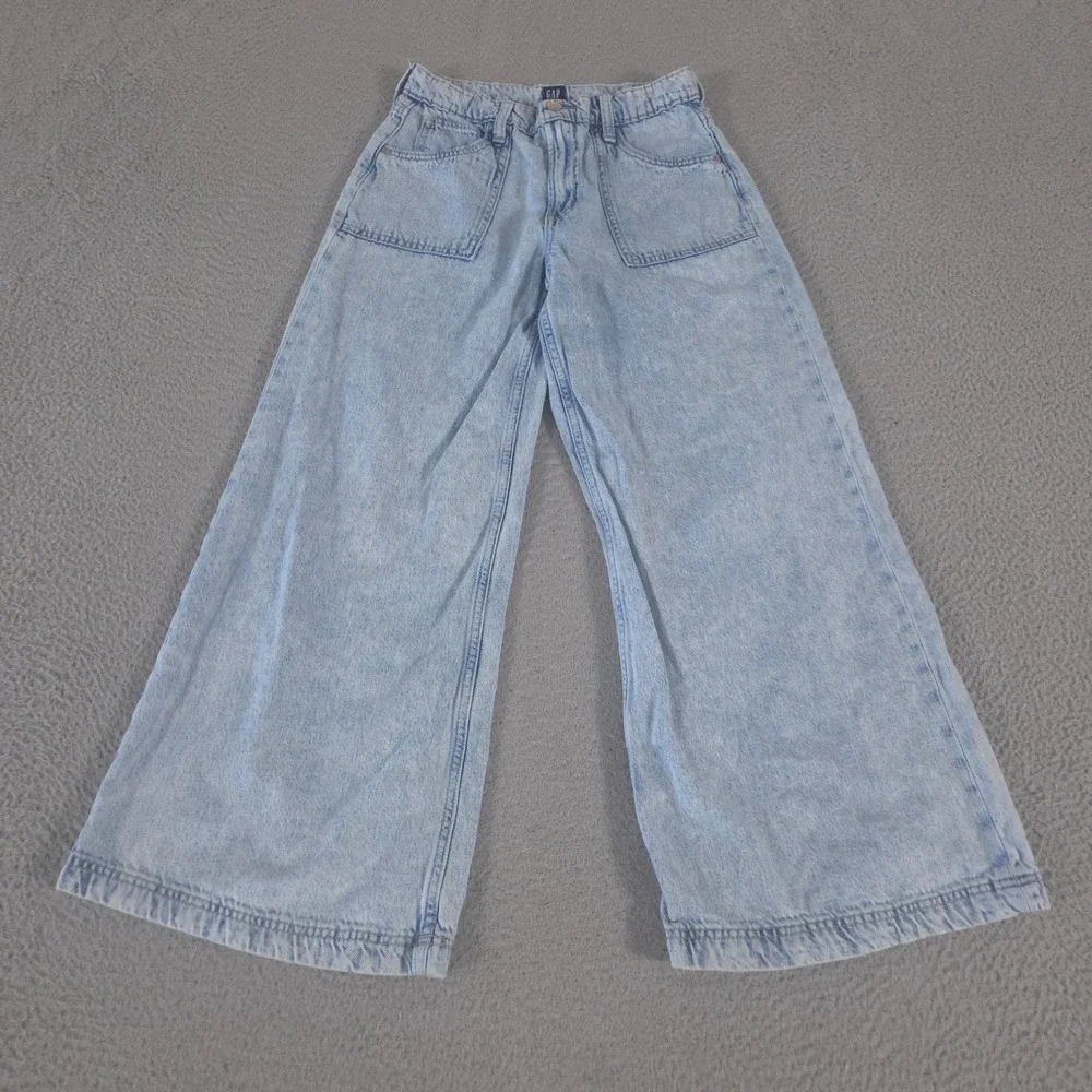 Gap Jeans Girls 16 Light Wash Baggy Wide Leg Utility Denim Patch Pockets Skater